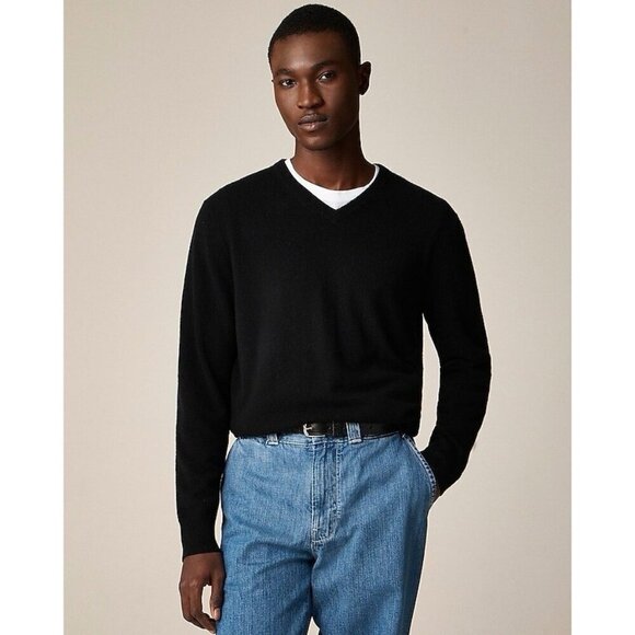 J Crew Mens 100% Cashmere V-neck Sweater Sz XL Black Preppy Minimalist Luxury